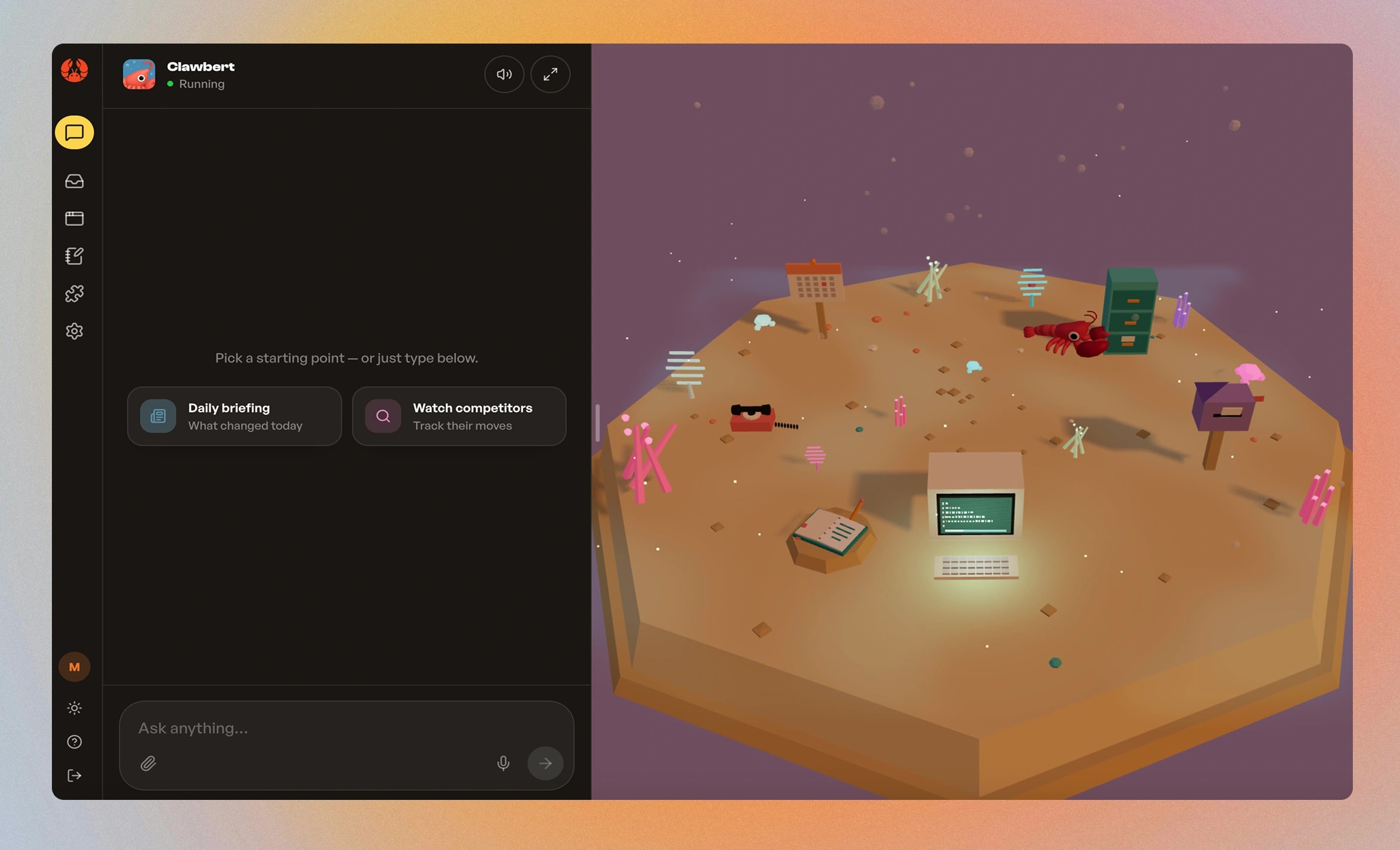 The same ClawCraft screen in the dark theme, with the island lit at dusk.
