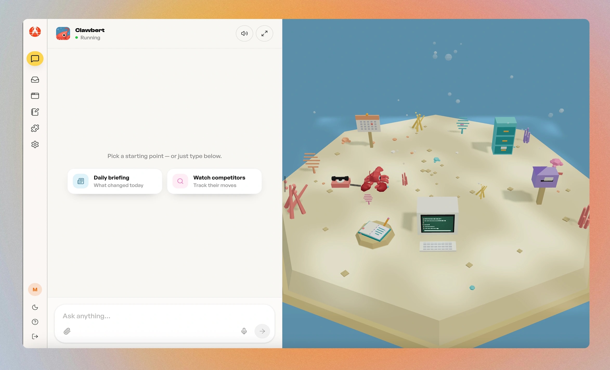 The ClawCraft interface. A chat panel on the left offering starting points, and on the right a small 3D island where a lobster sits among a mailbox, a filing cabinet, a notebook, a calendar and a terminal, each object a real control.