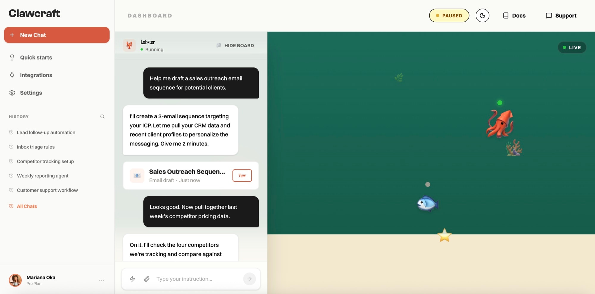 The earliest version, mocked in 2D. Emoji standing in for objects, a flat sea, and the chat already beside it. The argument was legible before any of it was modelled, which is why it survived the months of arguing about whether to cut it.