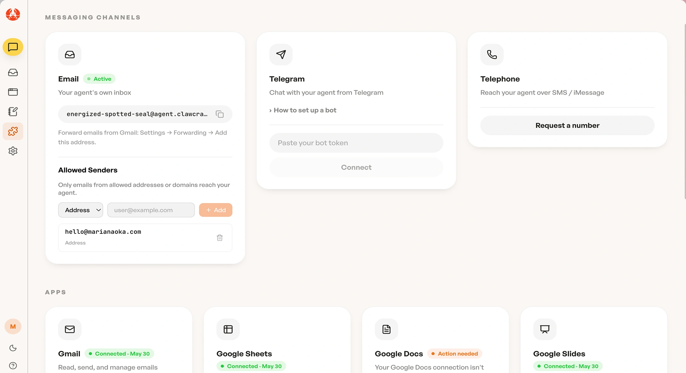 ClawCraft's messaging channels and apps. The agent has its own email inbox with an allowed-senders list holding one address; Telegram and SMS channels wait to be set up; Gmail, Google Sheets and Google Slides show as connected, and Google Docs shows Action needed.