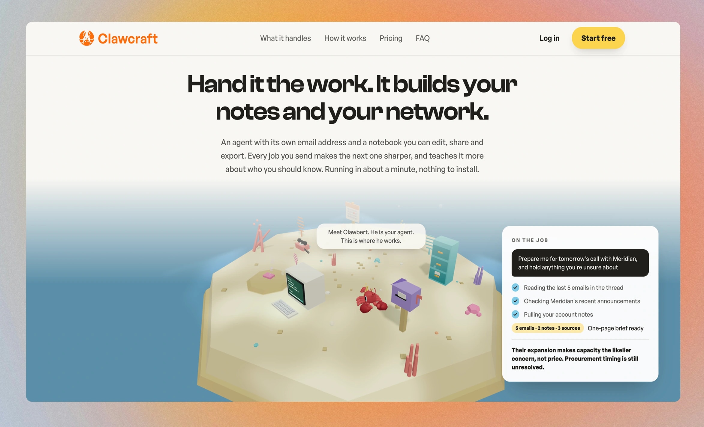The ClawCraft landing page. Hand it the work, it builds your notes and your network, over the 3D island, with a card showing a job in progress.