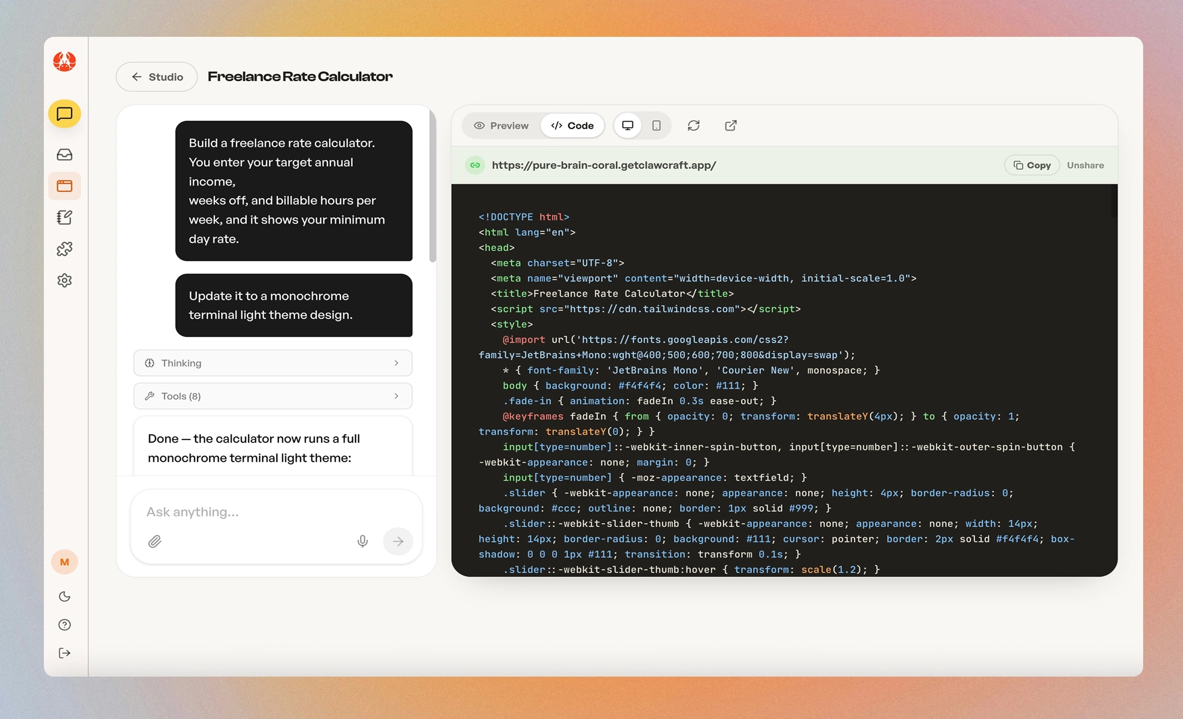 The same Studio project in the Code tab, showing the generated HTML.