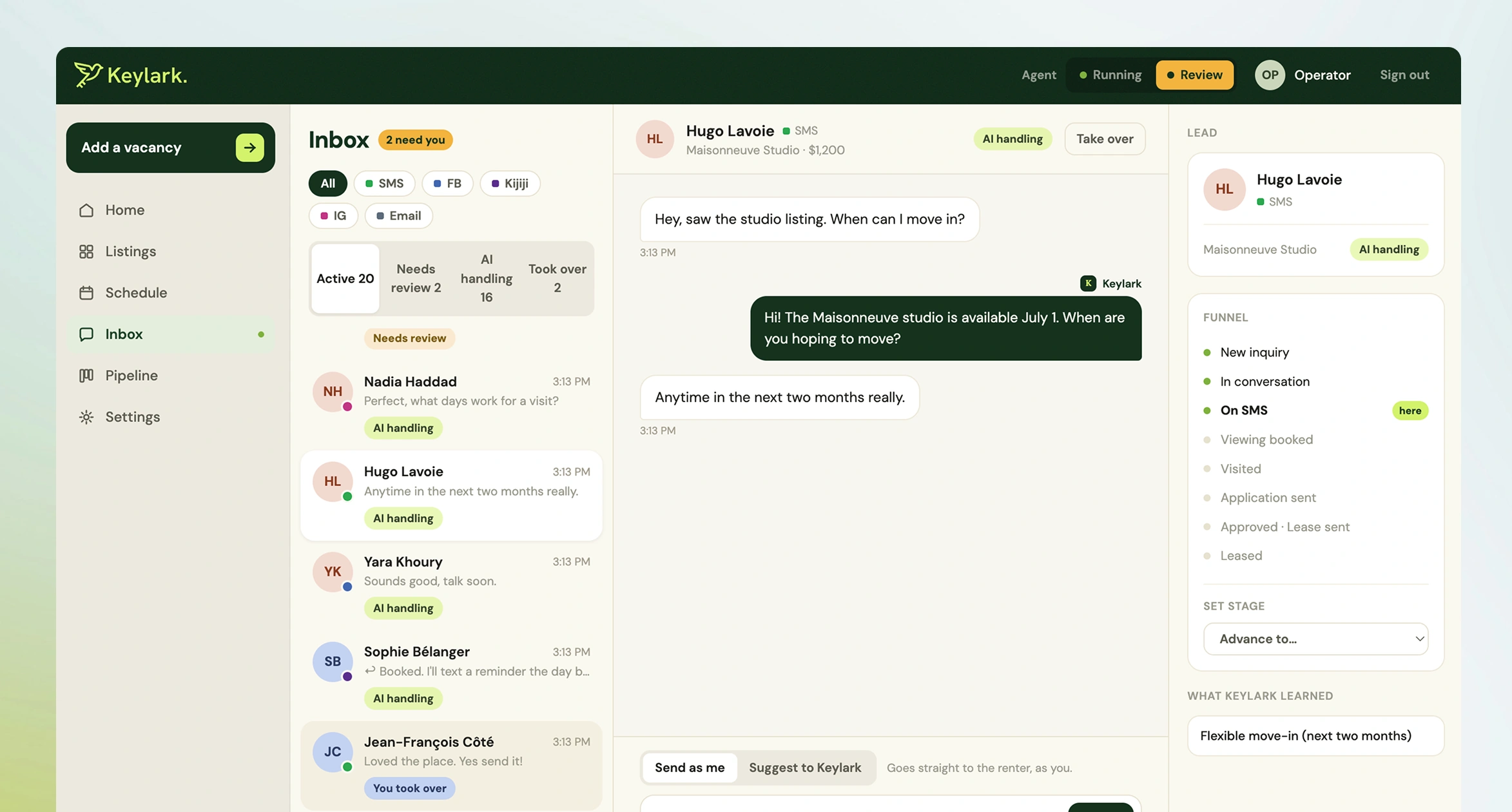 The Inbox. Threads filtered by channel and by state: needs review, AI handling, took over. An open SMS thread in the middle, and a side panel showing the lead's stage in the funnel and what Keylark learned about them.