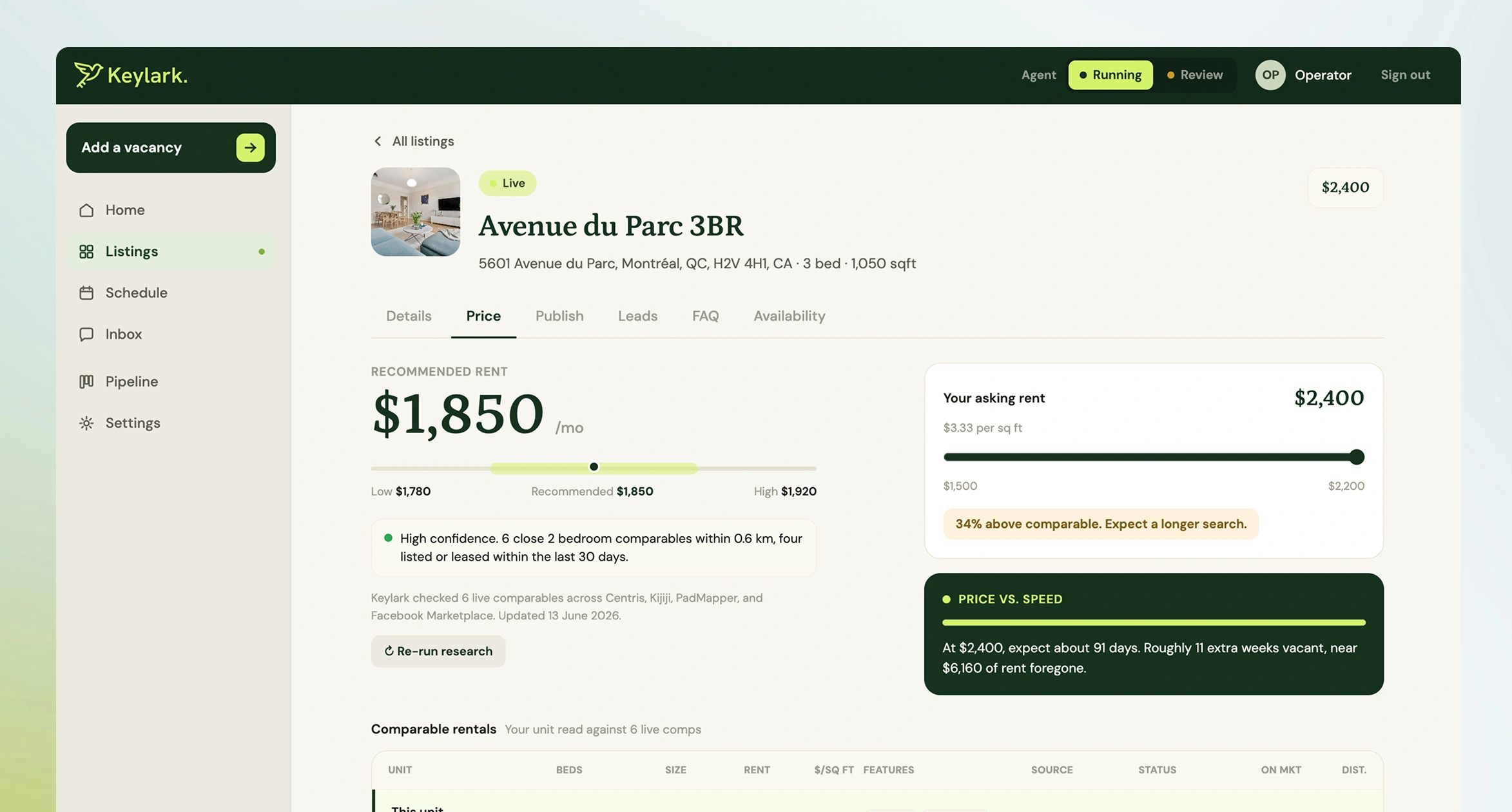 A listing's Price tab. A recommended rent with a low and high range from live comparables, the owner's asking rent, and what the gap costs in weeks vacant.