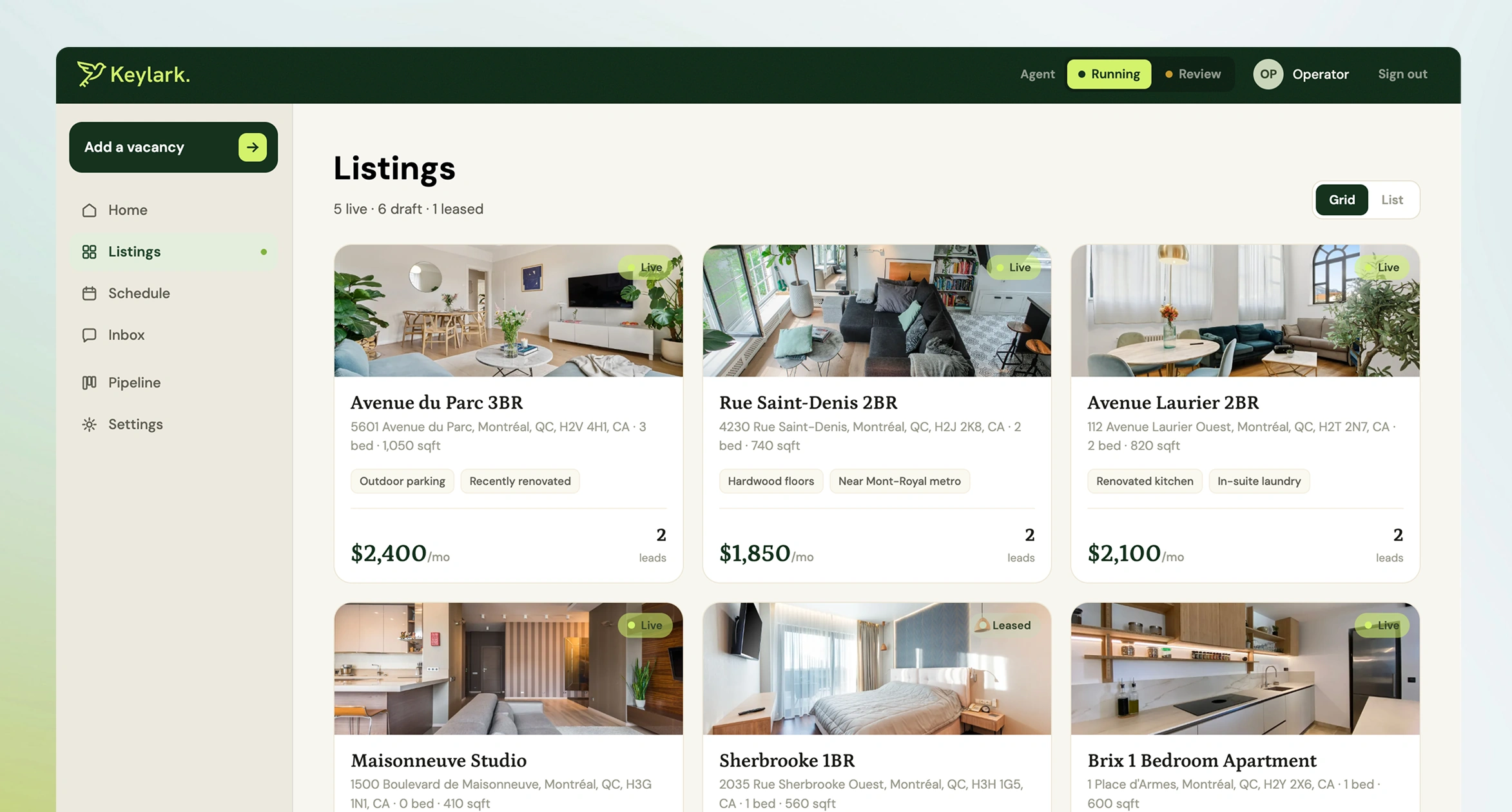 The Listings grid. Six Montréal units with real photography, each with its rent, amenities, status and number of leads.