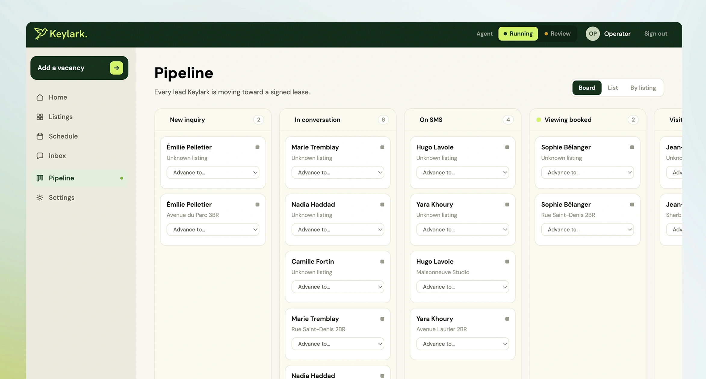The Pipeline board. Columns of leads by stage, each card naming the renter and the listing.