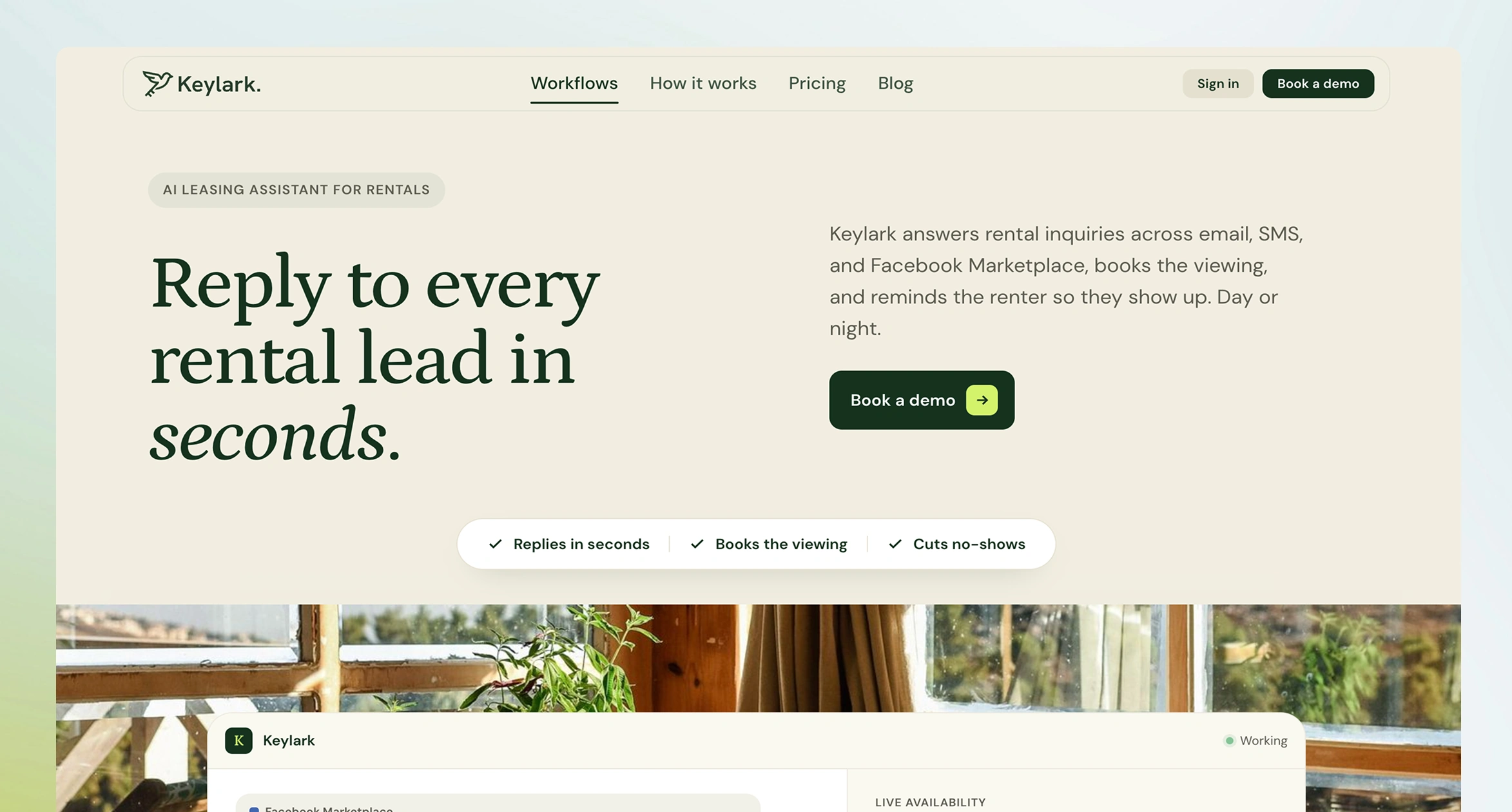 The Keylark landing page. Reply to every rental lead in seconds, with a Book a demo button and a live preview of Keylark answering a Facebook Marketplace inquiry.