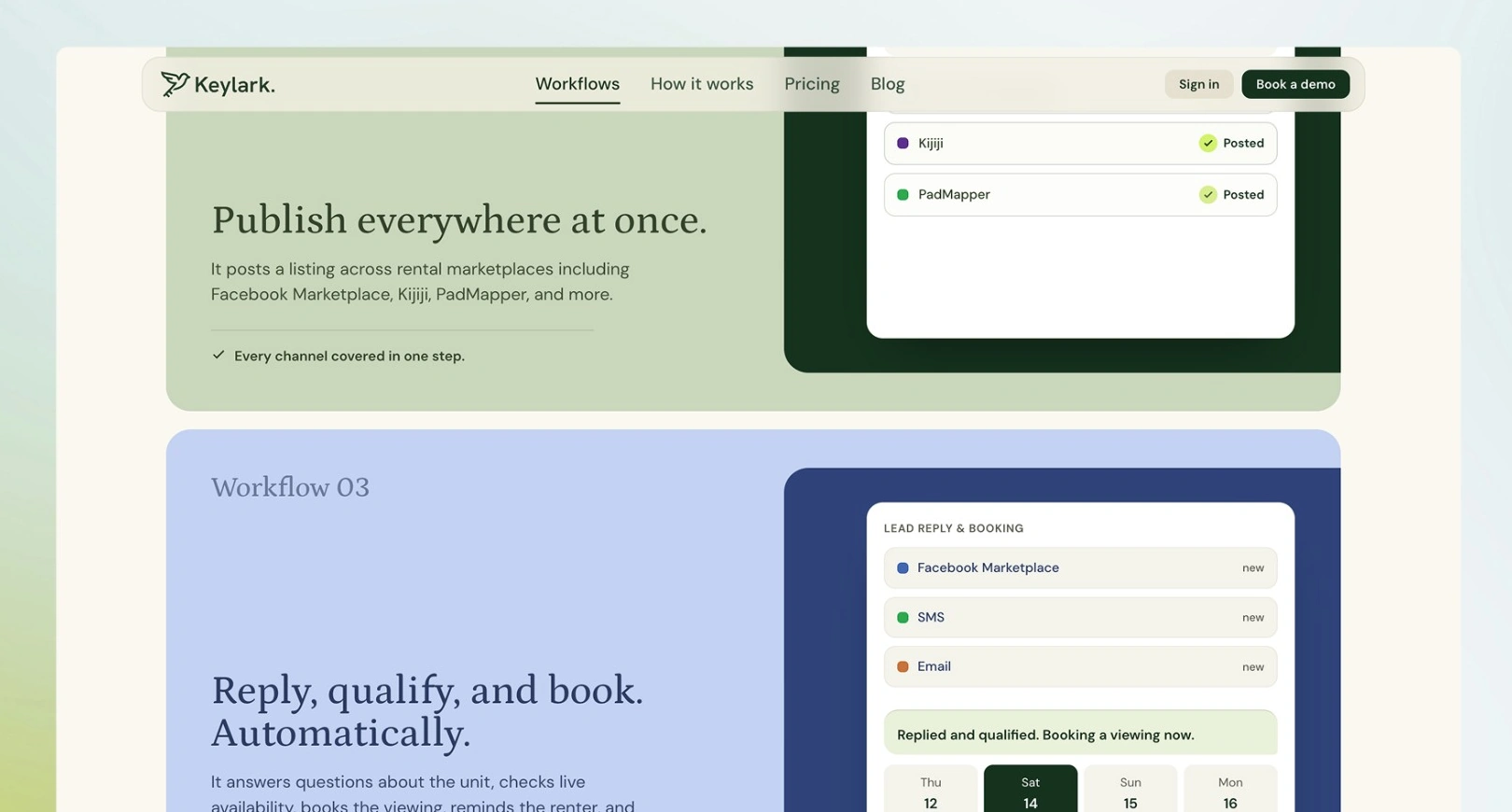 Workflow sections: Publish everywhere at once, and Reply, qualify and book, each with a product illustration.