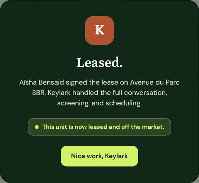 The Leased dialog: a terracotta K mark, Leased set in Petrona, and a lime Nice work, Keylark button on forest.