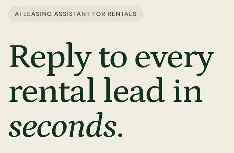 The landing page headline, Reply to every rental lead in seconds, set in Petrona in forest on cream.