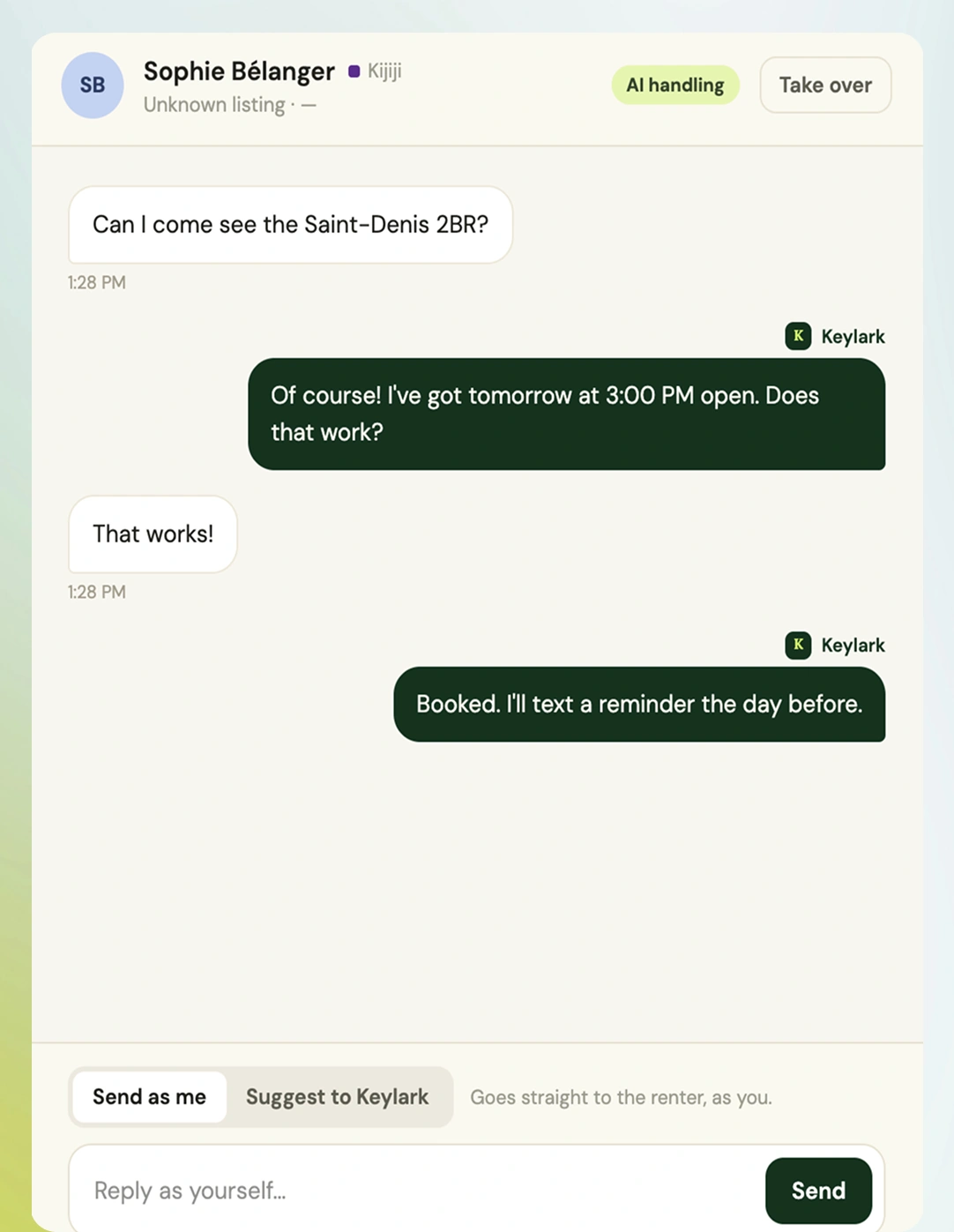 A Kijiji thread marked AI handling. The renter asks to see the Saint-Denis 2BR, Keylark offers tomorrow at 3 PM, the renter accepts, and Keylark confirms the booking and a reminder.