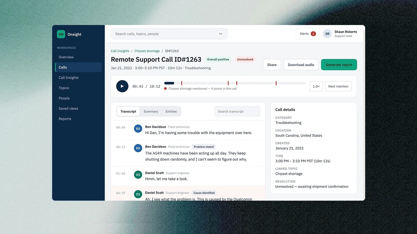 A single call. An audio scrubber marks the four points where the chipset shortage was mentioned. Below it, the transcript with speakers, roles and timestamps, tabs for summary and entities, and a call details panel holding category, location, linked topic and resolution.