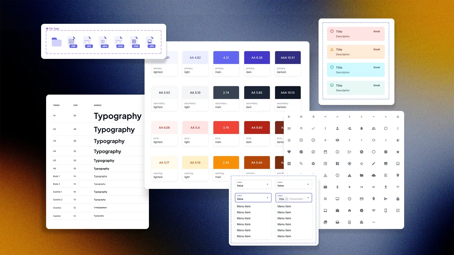 The library. Type scale with tokens, file type icons, alert states, form fields, the icon set, and colour ramps with every pair's contrast ratio measured onto the swatch. The swatches carrying a bare number instead of an AA or AAA mark are the ones that fail, which is the useful half: the system records where it cannot be used, not only where it can.
