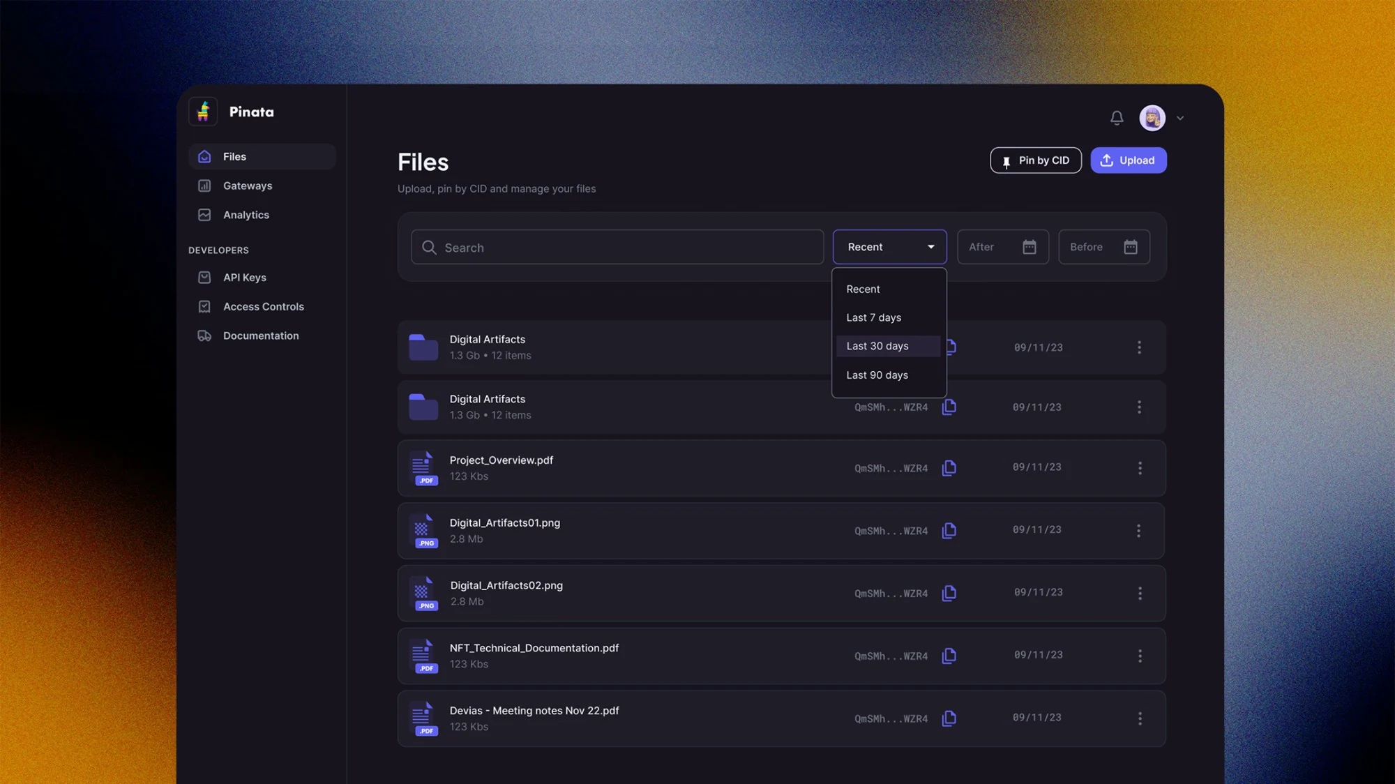 File type visible in the row, search and date range above it, names given the width that content identifiers were wasting.