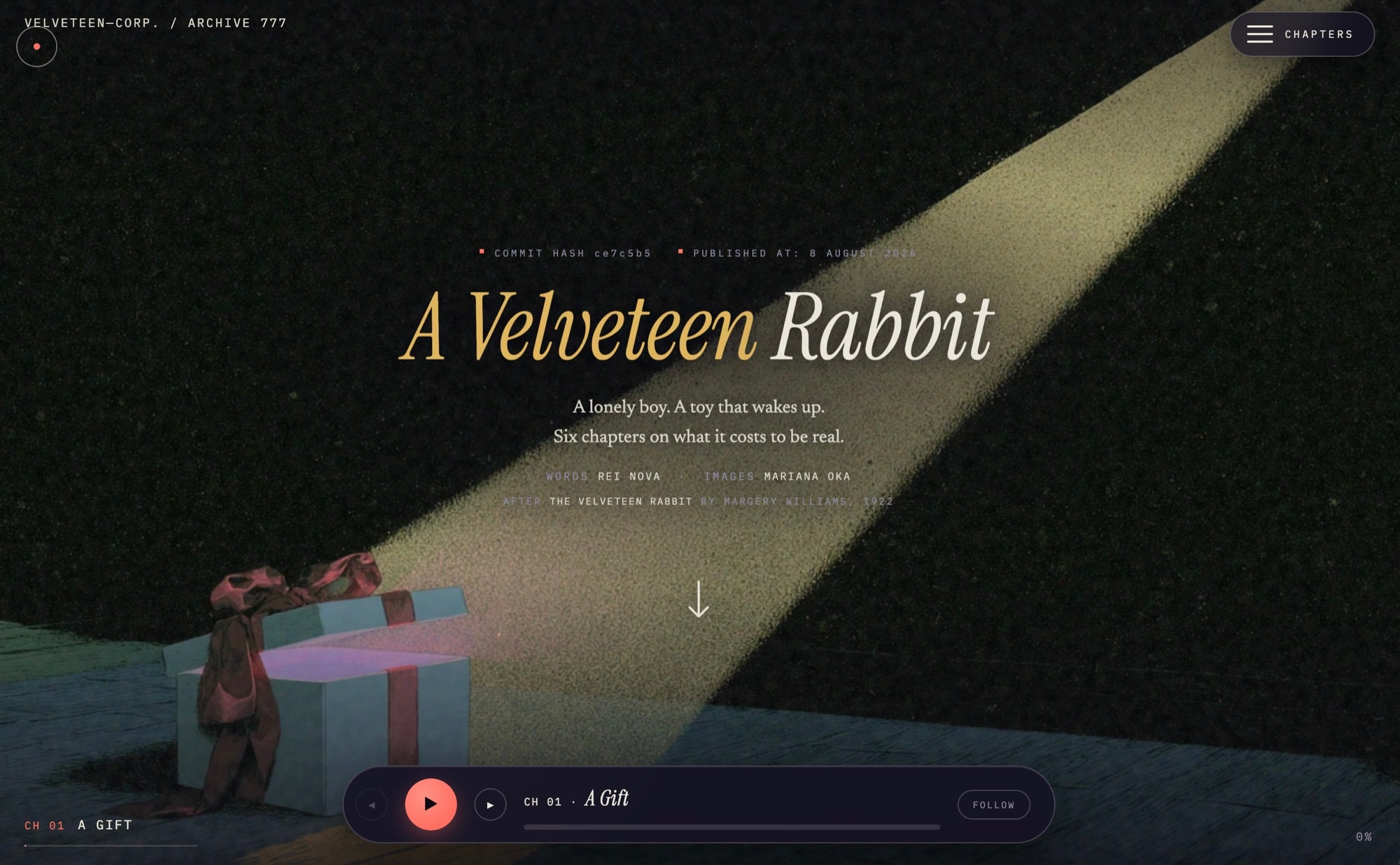 The shipped opening screen. One full-bleed illustration, a one-line title, an arrow. The most restrained of five versions, arrived at last.