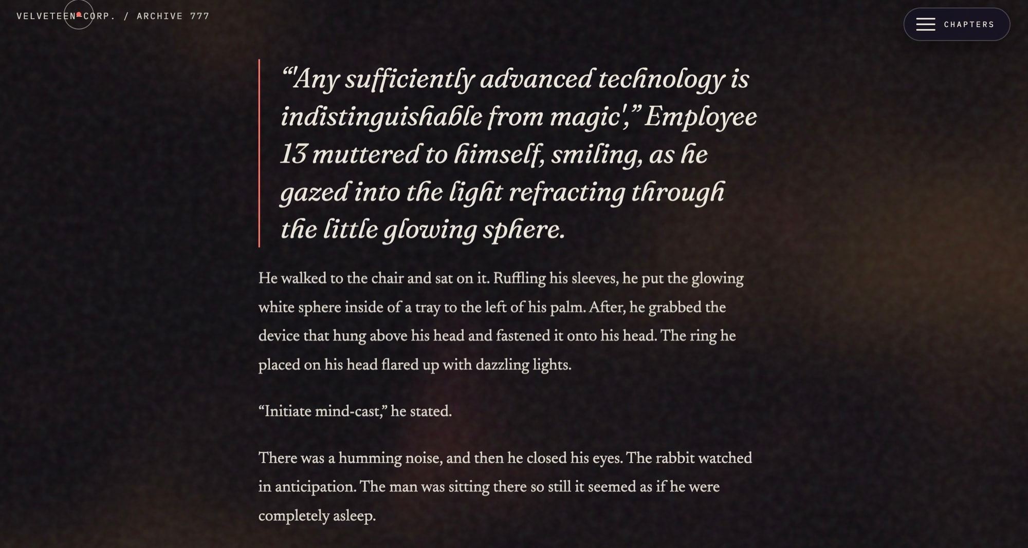 The reading layer, which is what FOLLOW mode moves through. A display serif for the pull quote, a reading serif for the prose, and nothing hovering over the text while you are in it.