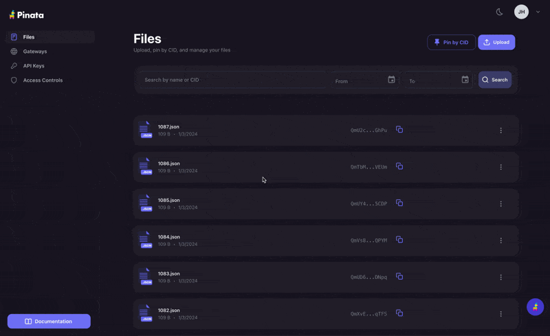 Bulk selection appearing on hover, and the pending-pins tray that collapses when it has nothing to say.